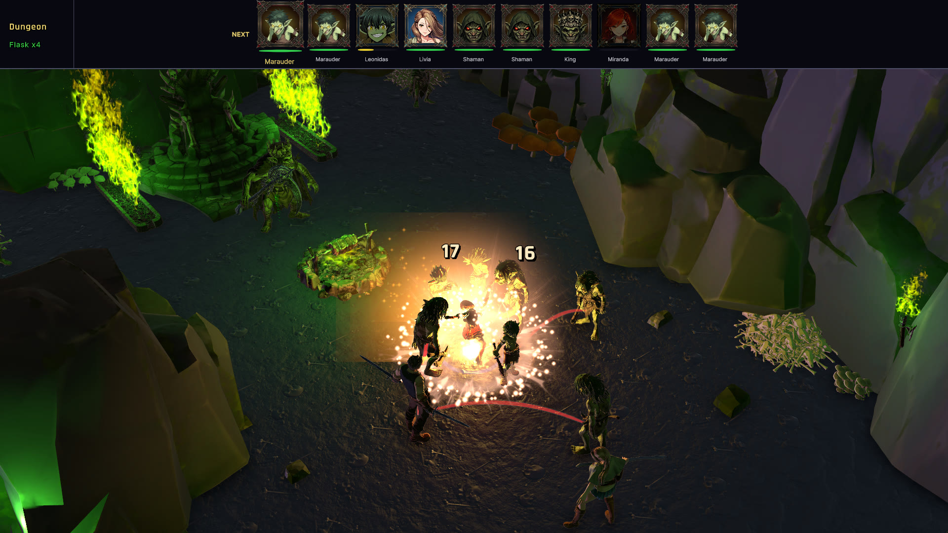 Fire spell impact in a dungeon, damage numbers above enemies