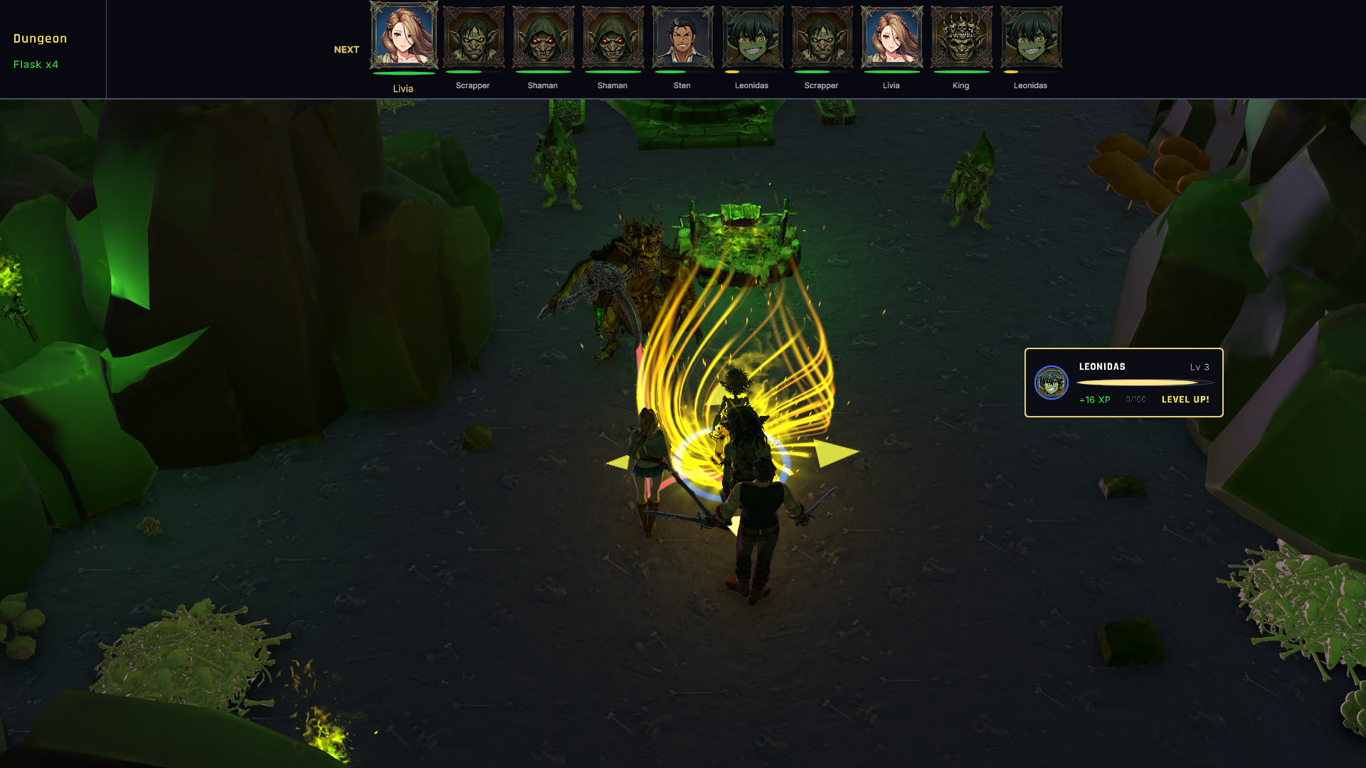 Leonidas leveling up in a beam of golden light
