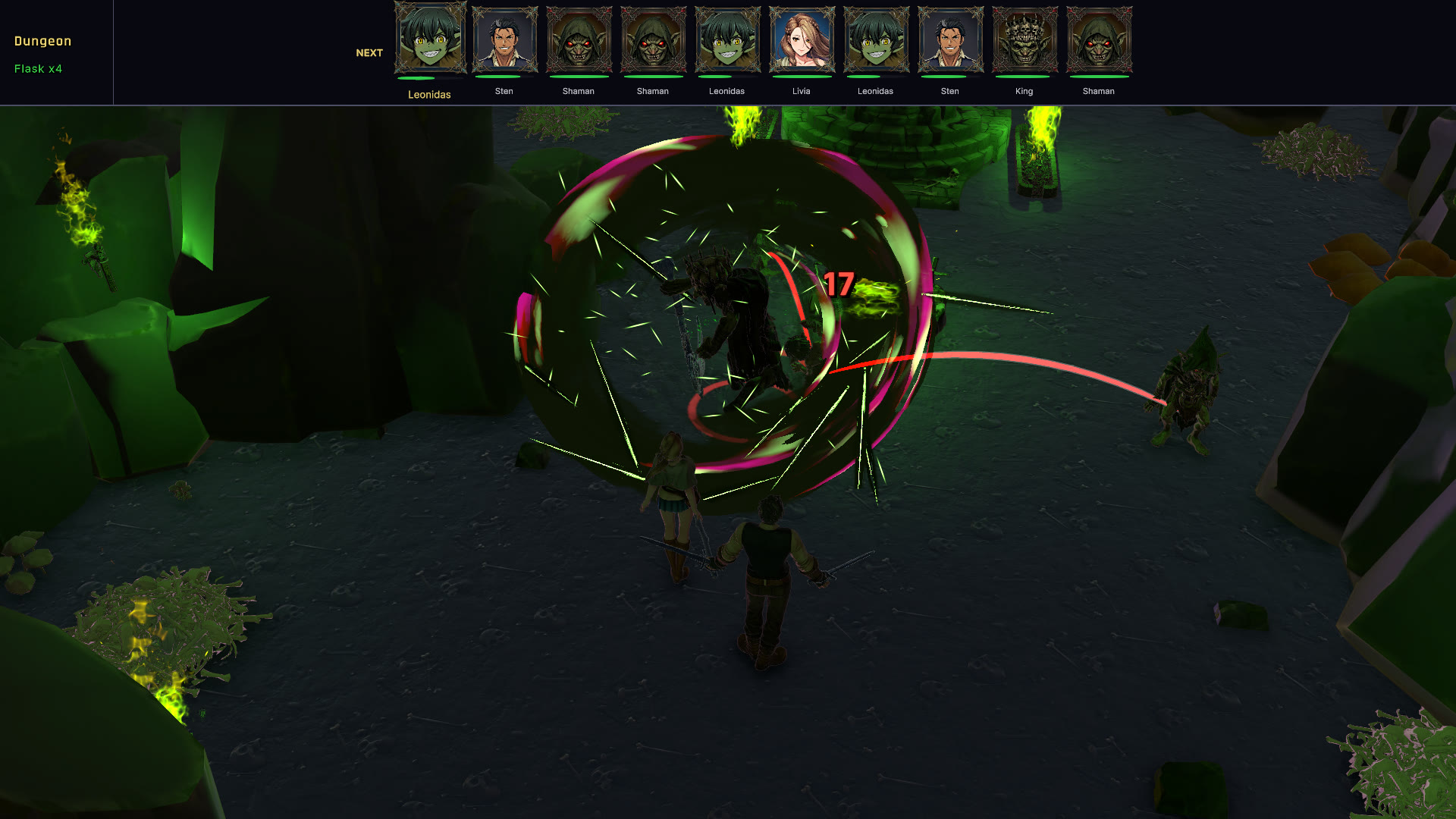 Wind magic vortex striking enemies in a dungeon