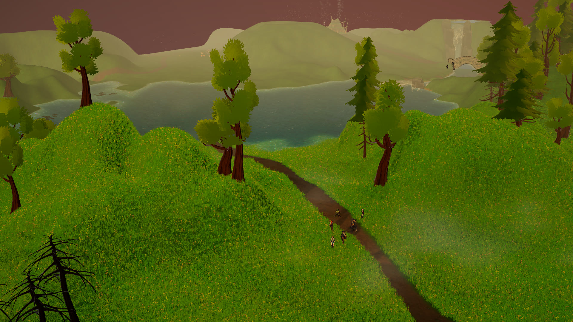 World view of meadows, lake, and a distant ruin path