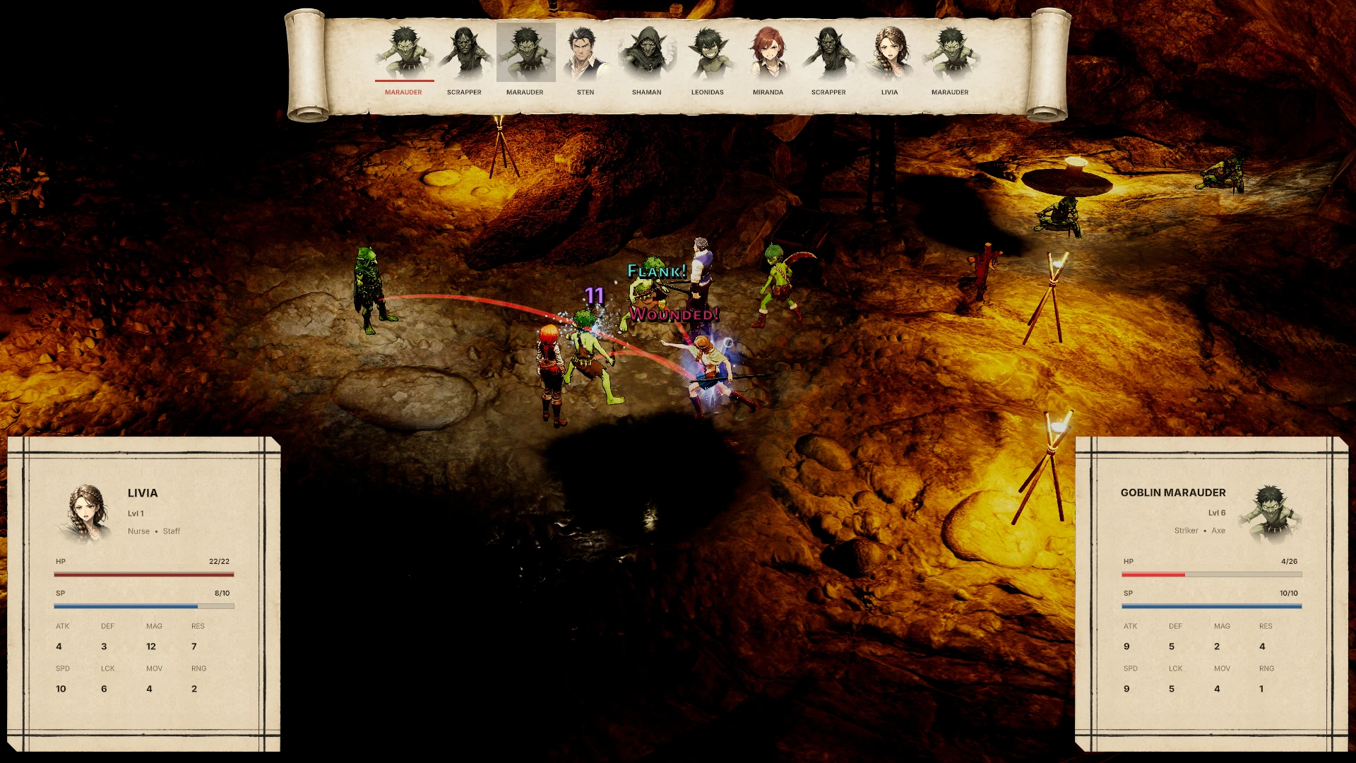 A flank attack lands during a turn-based mine battle, with party portraits and turn order visible.