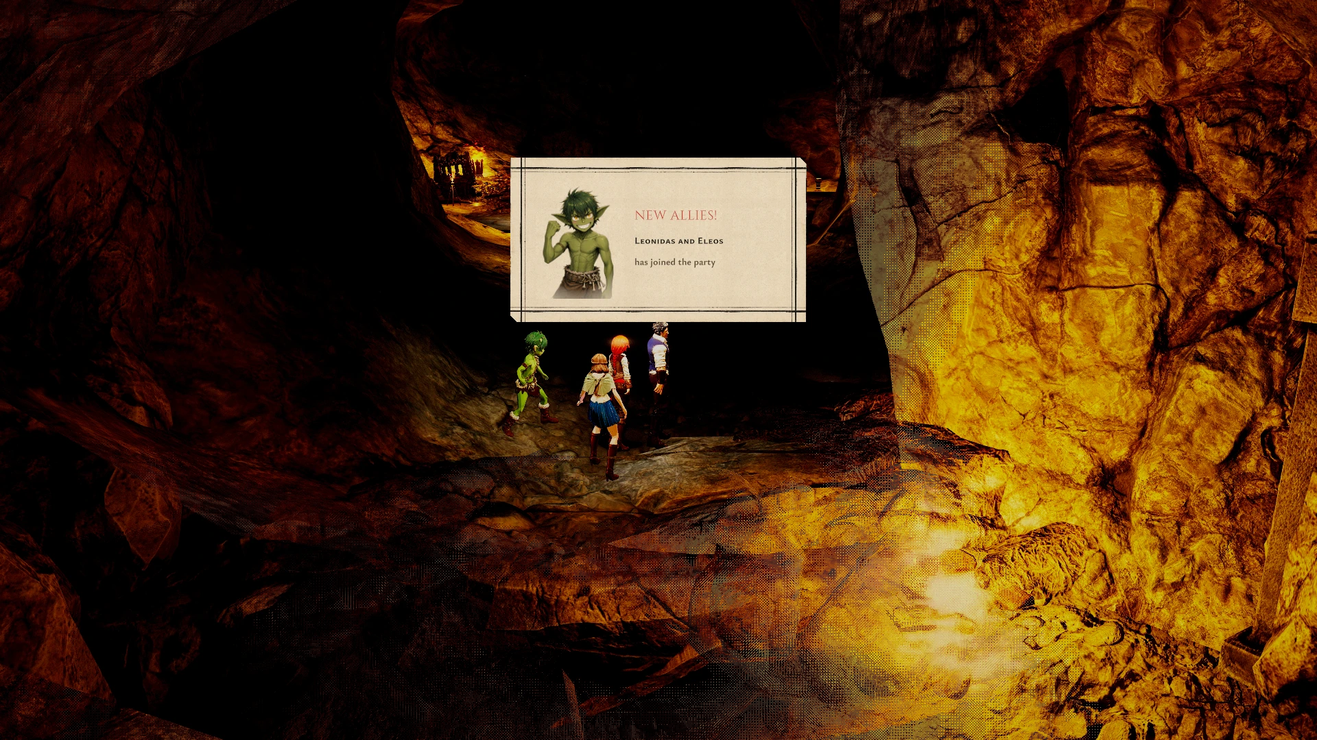 The New Allies screen introduces Leonidas and his spirit Eleos as the goblin joins Sten, Miranda and Livia.