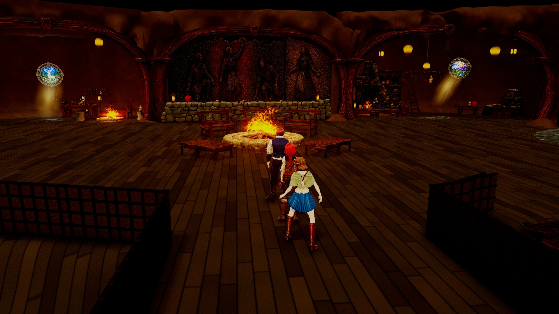 The party visits a warm Vulpari interior with a central hearth and wooden furnishings.