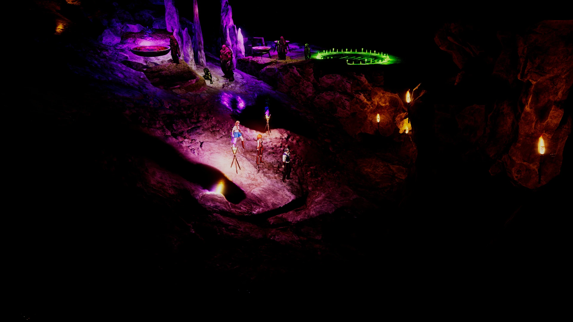 Sten, Miranda and Livia overlook a purple-lit chamber with a glowing green circle below.