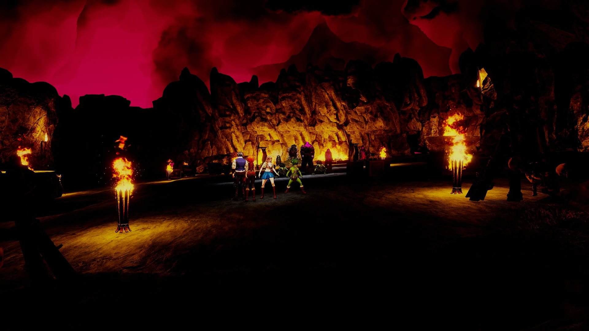 The party and their goblin companion stand at a torchlit ritual site beneath a red sky.